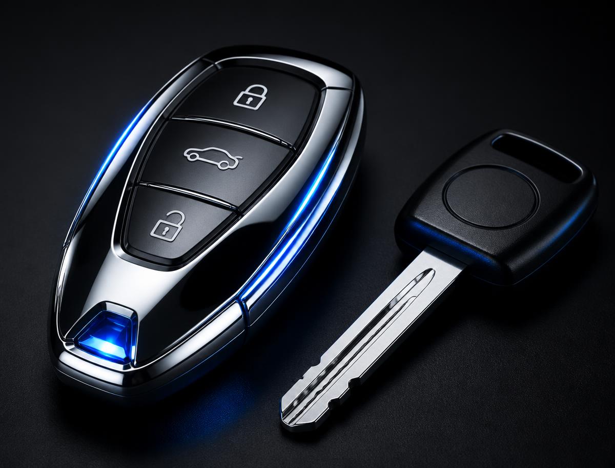 Spare car key being duplicated next to an original transponder key on a dark surface