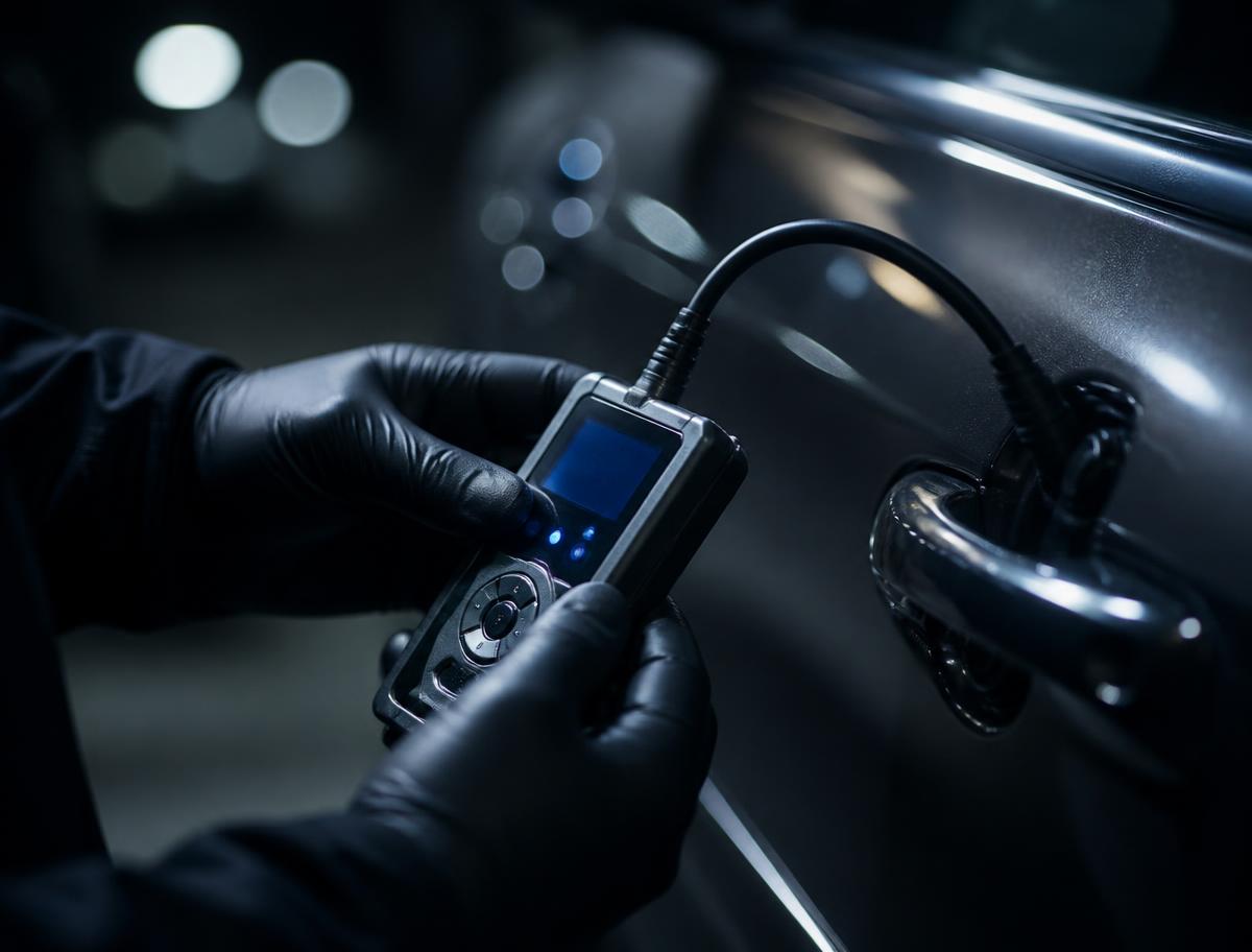 Auto locksmith technician programming a car key with a handheld device next to a vehicle door at night